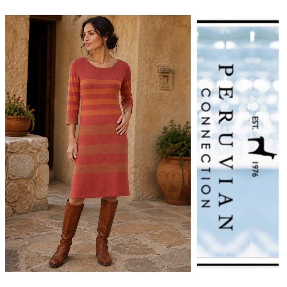 Peruvian Connection 100% Pima Cotton Orange Colorblock Striped Knit Dress XS